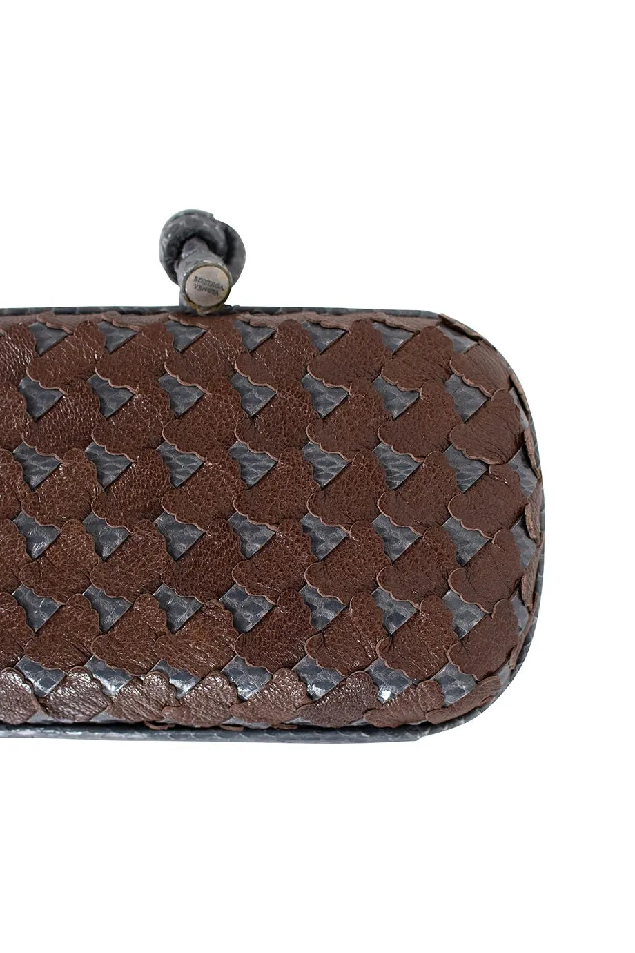BOTTEGA VENETA Grey Snakeskin and Brown Leather Laser Cut Clutch