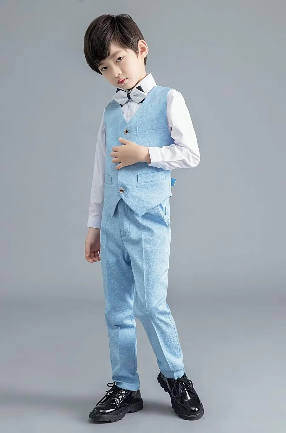 Boys Suit Plaid Stripes Suits for Boys 4 Piece Formal Wedding Outfit Slim Fit Suit Vest Pants Shirt Set with Bow Tie