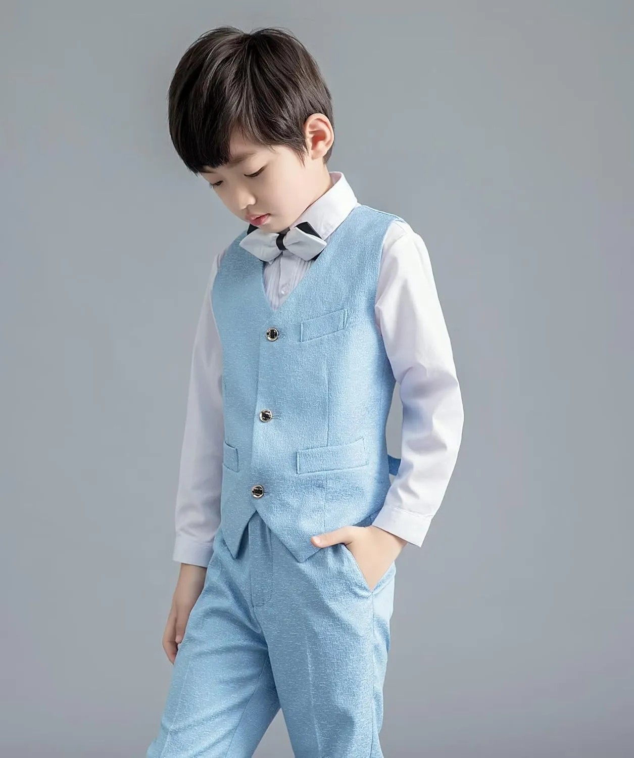 Boys Suit Plaid Stripes Suits for Boys 4 Piece Formal Wedding Outfit Slim Fit Suit Vest Pants Shirt Set with Bow Tie