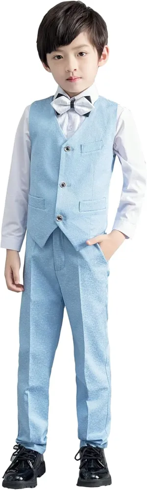 Boys Suit Plaid Stripes Suits for Boys 4 Piece Formal Wedding Outfit Slim Fit Suit Vest Pants Shirt Set with Bow Tie