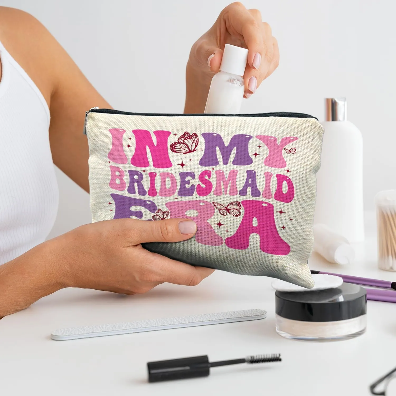 Bridesmaid Makeup Bag, Bridesmaid Gifts for Wedding Day, Bridal Party Gifts, Bridal Party Favors, Bridesmaid Thank You Gifts, Groovy In My Bridesmaid Era Cosmetic Bag Toiletry Bag
