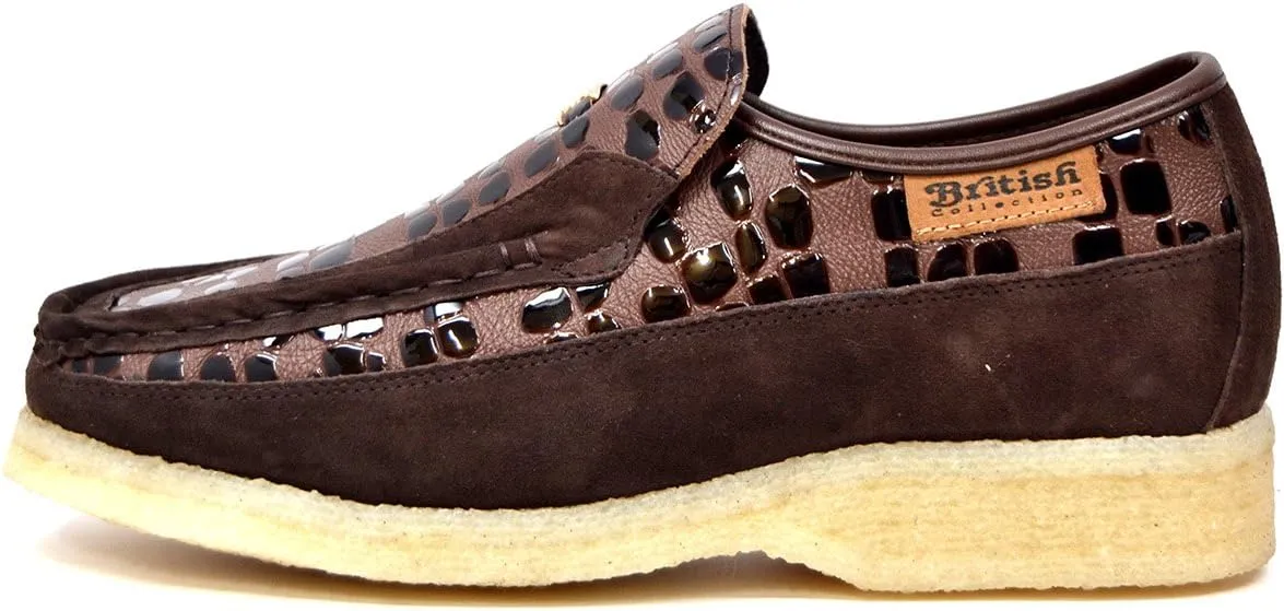 British Collection - Stone Croc Leather and Suede Brown Slip On Shoes