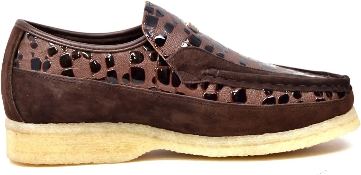 British Collection - Stone Croc Leather and Suede Brown Slip On Shoes