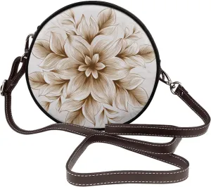 Brown Intricate Flower Women Round Crossbody Bags Leather Sling Bag Purse