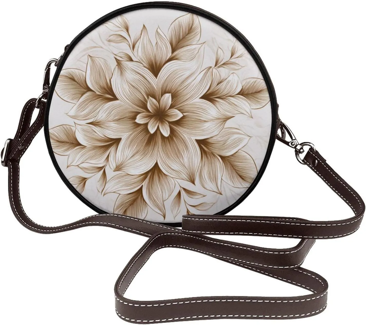 Brown Intricate Flower Women Round Crossbody Bags Leather Sling Bag Purse