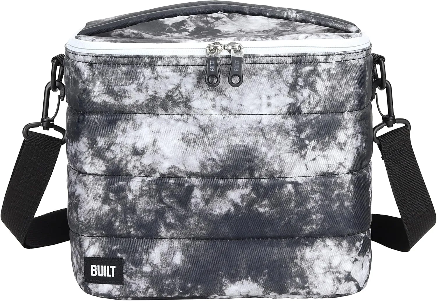 Built Puffer Crossbody Lunch Bag Lightweight, Insulated and Reusable, Black and White Nightfall Tie Dye, 13 Can Capacity