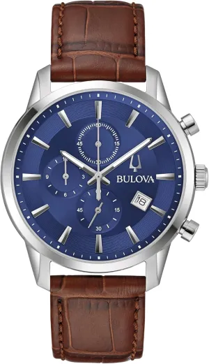 Bulova Sutton Chronograph Blue Dial Brown Leather Strap Watch 41mm - 96B402