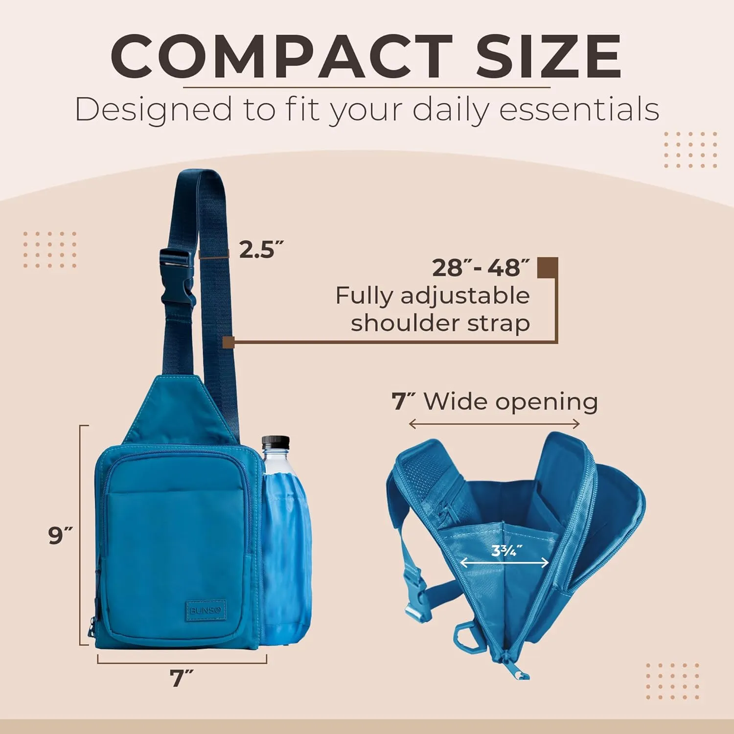 BUNSO Everyday Small Crossbody Bags for Women, Water-Resistant Sling Bag for Men with Waterbottle Holder, 7” x 2.5” x 9”