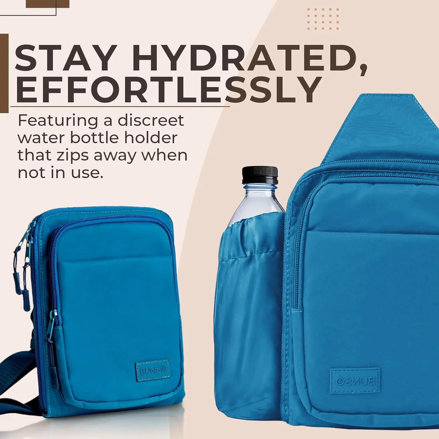 BUNSO Everyday Small Crossbody Bags for Women, Water-Resistant Sling Bag for Men with Waterbottle Holder, 7” x 2.5” x 9”