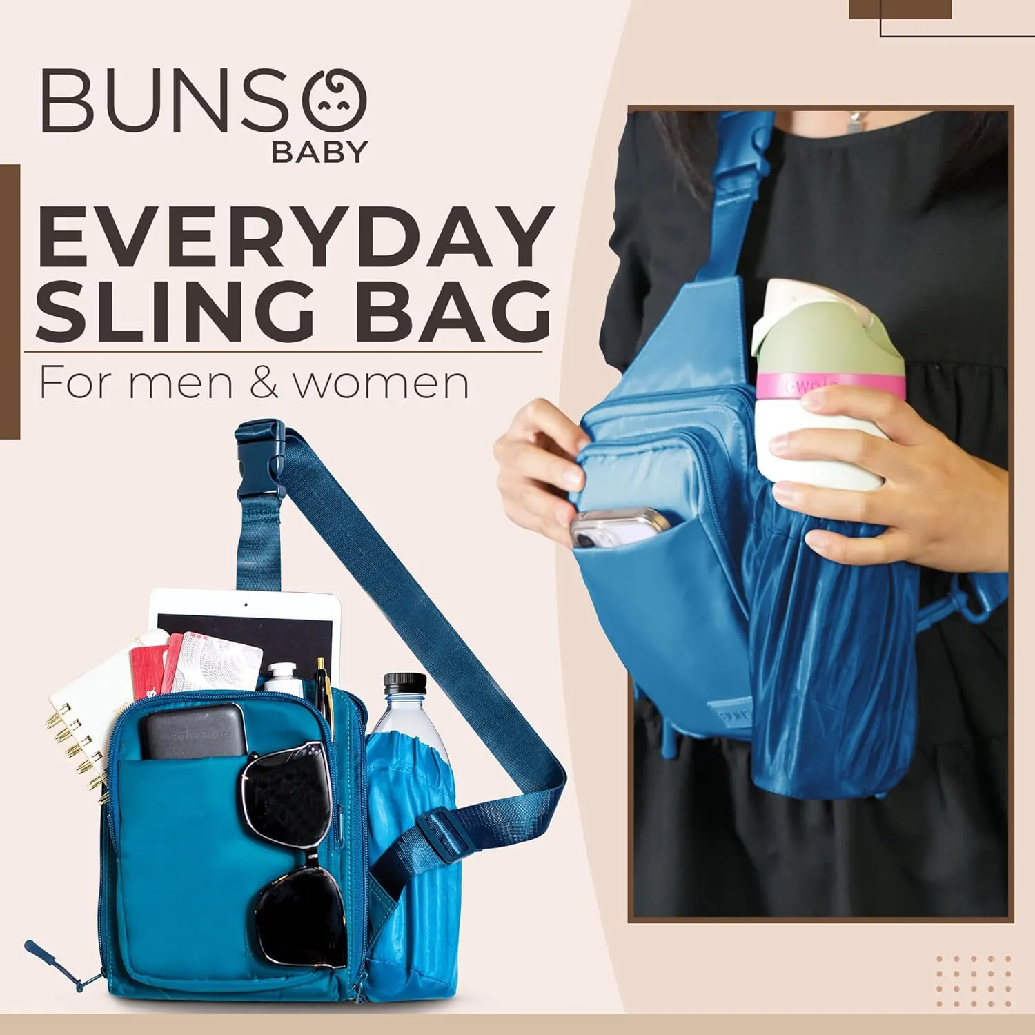 BUNSO Everyday Small Crossbody Bags for Women, Water-Resistant Sling Bag for Men with Waterbottle Holder, 7” x 2.5” x 9”
