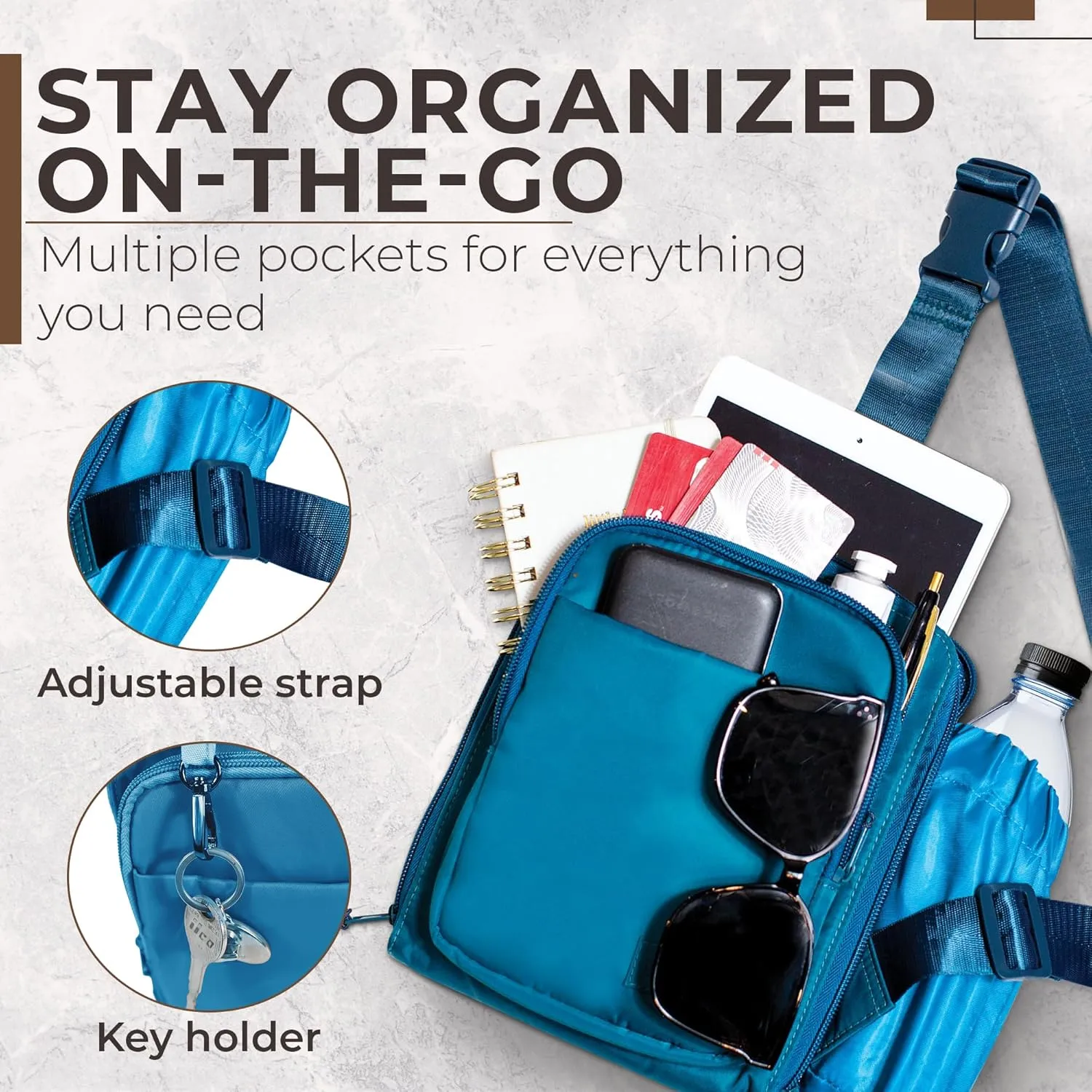 BUNSO Everyday Small Crossbody Bags for Women, Water-Resistant Sling Bag for Men with Waterbottle Holder, 7” x 2.5” x 9”