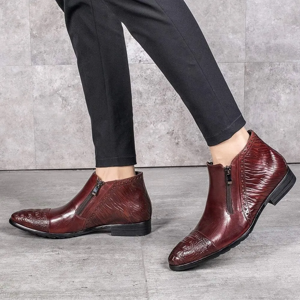 Business Ankle Boot for Men High Top Formal BootGenuine Leather Pull On Zipper Decor Crocodile Embossed Captoe Pointed Block Heel