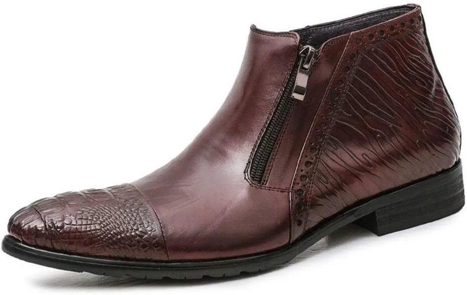 Business Ankle Boot for Men High Top Formal BootGenuine Leather Pull On Zipper Decor Crocodile Embossed Captoe Pointed Block Heel
