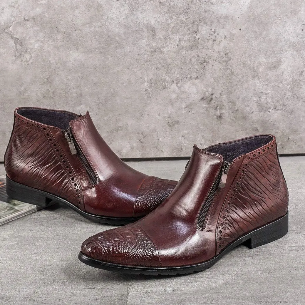 Business Ankle Boot for Men High Top Formal BootGenuine Leather Pull On Zipper Decor Crocodile Embossed Captoe Pointed Block Heel