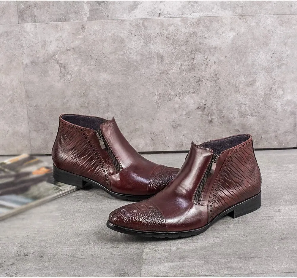 Business Ankle Boot for Men High Top Formal BootGenuine Leather Pull On Zipper Decor Crocodile Embossed Captoe Pointed Block Heel