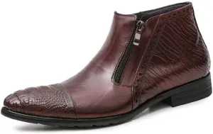 Business Ankle Boot for Men High Top Formal BootGenuine Leather Pull On Zipper Decor Crocodile Embossed Captoe Pointed Block Heel