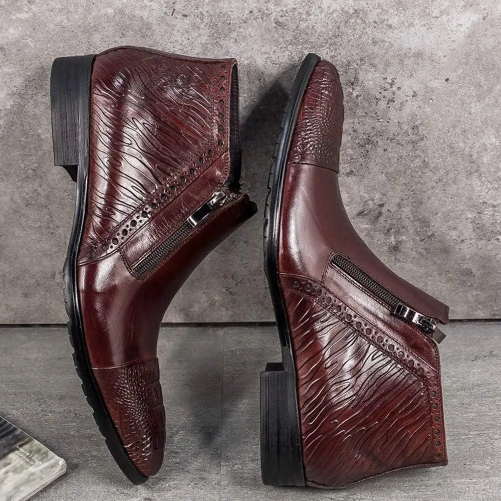Business Ankle Boot for Men High Top Formal BootGenuine Leather Pull On Zipper Decor Crocodile Embossed Captoe Pointed Block Heel