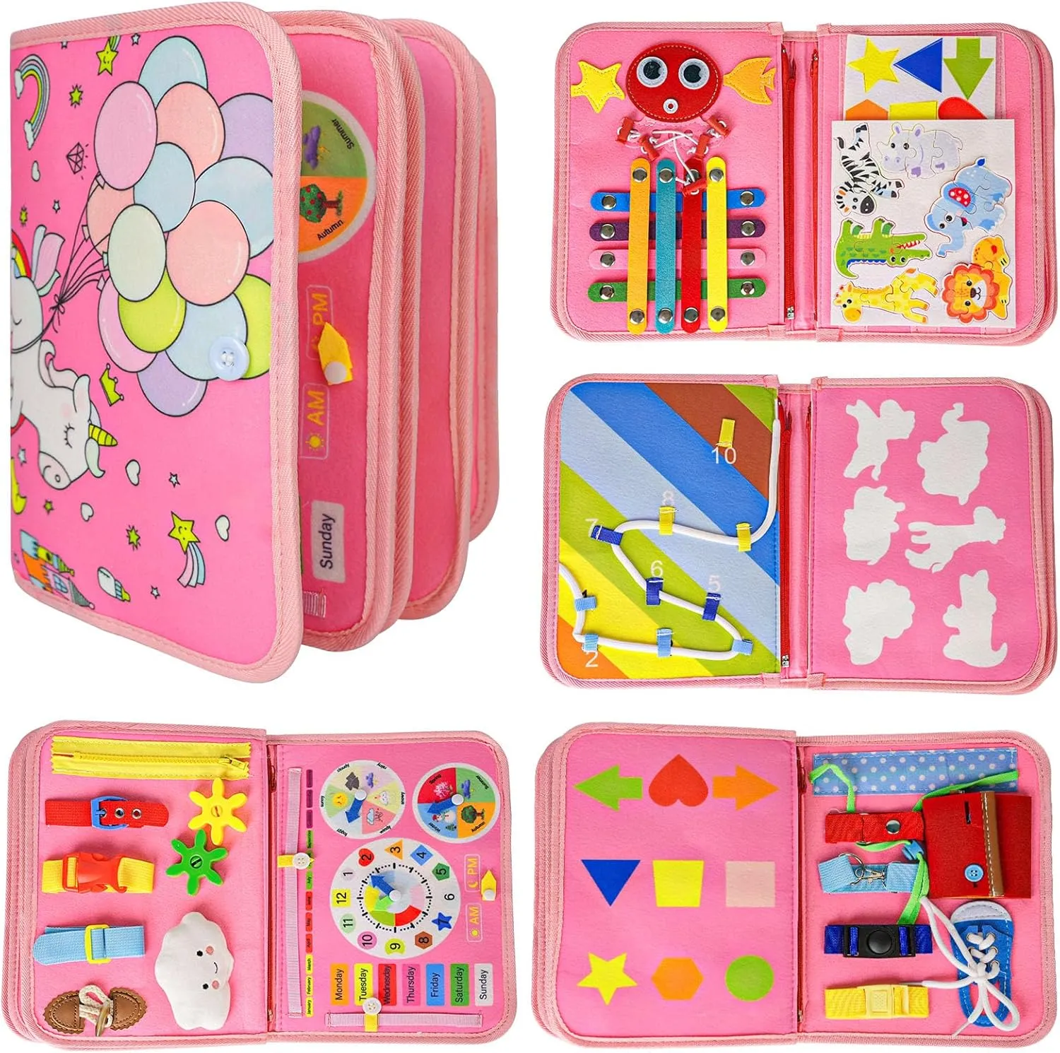 Busy Board - Montessori Toys for 3-6 Year Olds, Birthday Gifts for 3-4-5-6 Year Olds Boys and Girls, Educational Learning Quiet Activity Book, Including Life Skills, Cognition (Pink Unicorn -8 pages)