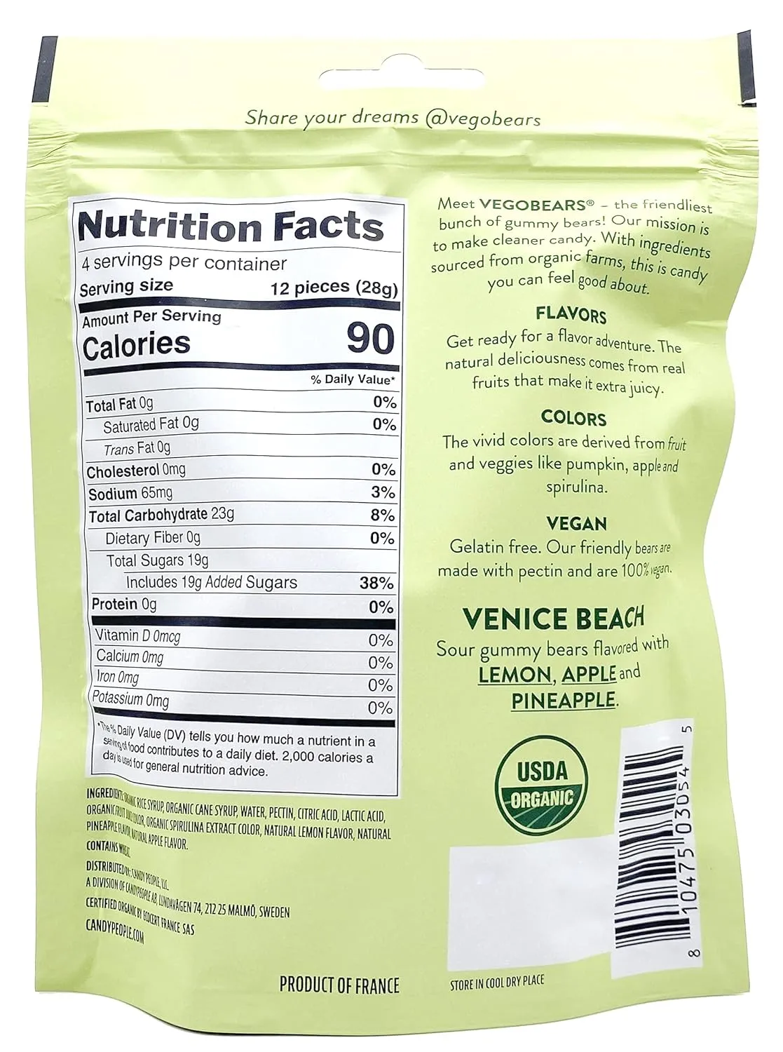 Candy People VegoBears Venice Beach Vegan Gummy Bears Organic Gummy Bears, Non-GMO, Lemon, Apple, & Pineapple Sour Gummies 4 Ounce (3 Pack)