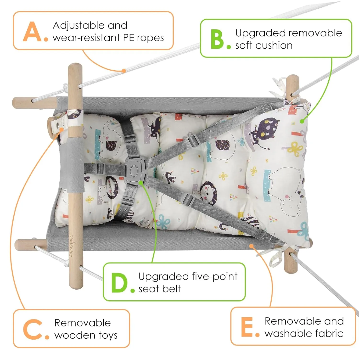Canvas Baby Swing for Infants to Toddlers,Indoor Outdoor Wooden Hanging Swing Seat with Safety Belt and Mounting Hardware, Suitable for Ages Up to 3,Cute Animal