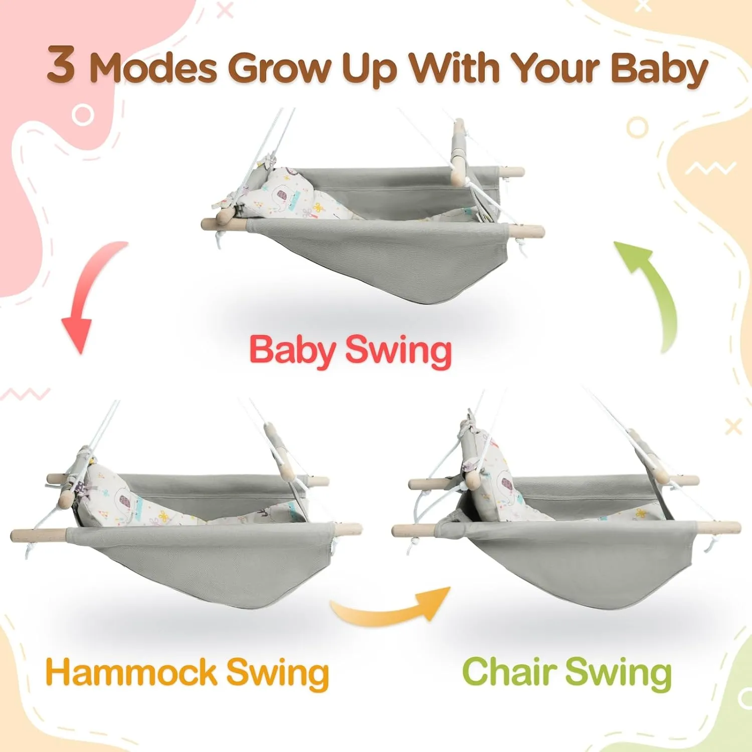 Canvas Baby Swing for Infants to Toddlers,Indoor Outdoor Wooden Hanging Swing Seat with Safety Belt and Mounting Hardware, Suitable for Ages Up to 3,Cute Animal