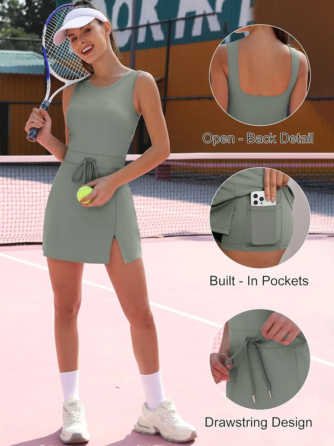 Caracilia Women Tennis Dress Summer Athletic Workout Backless Sleeveless Fitted Slit Active Mini Dresses Built in Shorts