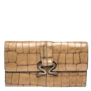 Caramel Brown Crocodile Embossed Leather Double Snake Flap Wallet