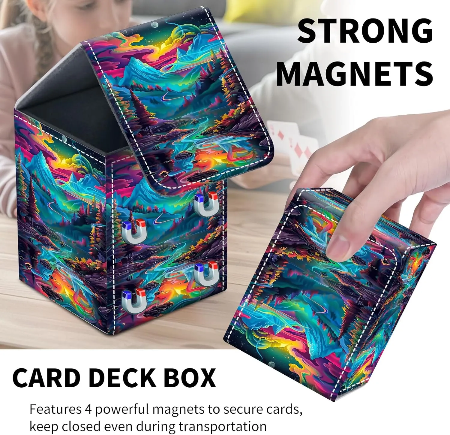 Card Deck Box for MTG Trading Cards, Magic Card Box Can Hold 110  Single Sleeved Cards, Waterproof PU Leather Material, Strong Magnetic Buckle Card Set Box Suitable for TCG CCG, Colorful Trees