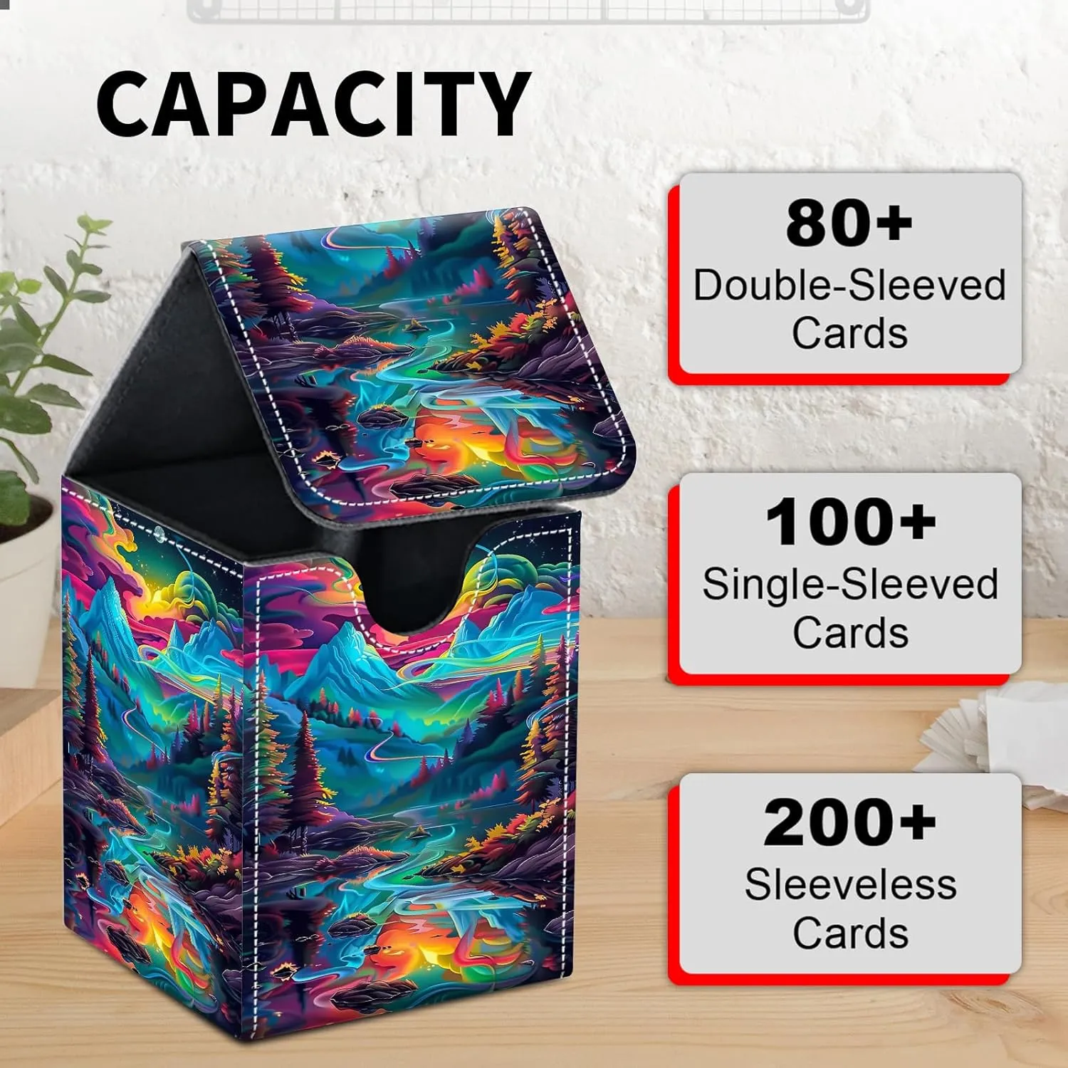 Card Deck Box for MTG Trading Cards, Magic Card Box Can Hold 110  Single Sleeved Cards, Waterproof PU Leather Material, Strong Magnetic Buckle Card Set Box Suitable for TCG CCG, Colorful Trees
