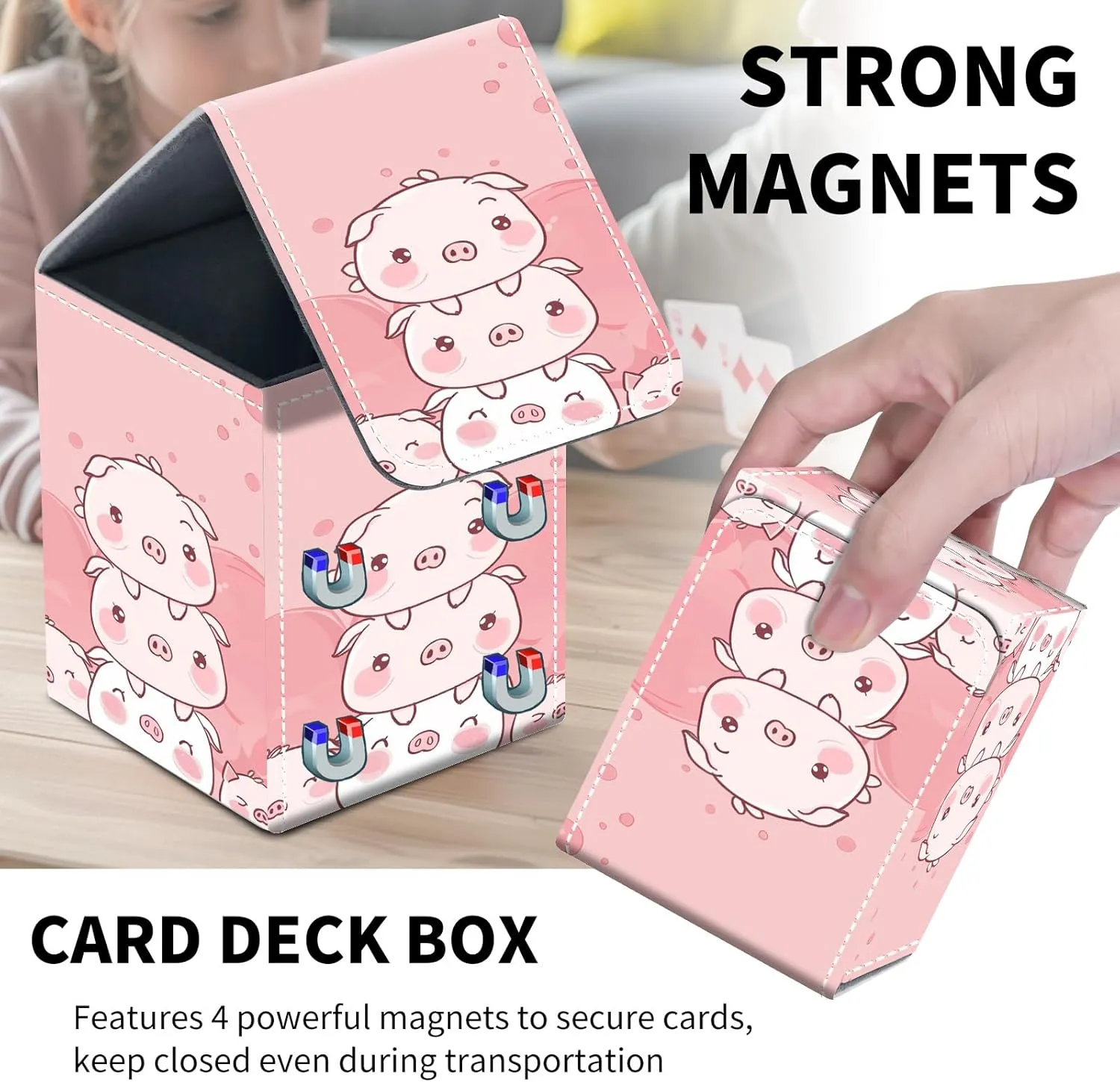 Card Deck Box for MTG Trading Cards, Magic Card Box Can Hold 110  Single Sleeved Cards, Waterproof PU Leather Material, Strong Magnetic Buckle Card Set Box Suitable for TCG CCG, Cute Piggies Stacked