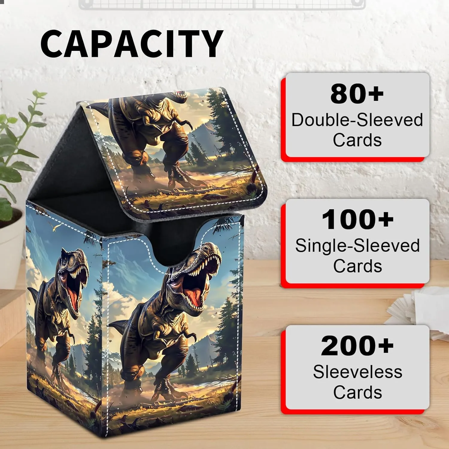Card Deck Box for MTG Trading Cards, Magic Card Box Can Hold 110  Single Sleeved Cards, Waterproof PU Leather Material, Strong Magnetic Buckle Card Set Box Suitable for TCG CCG, Dinosaur
