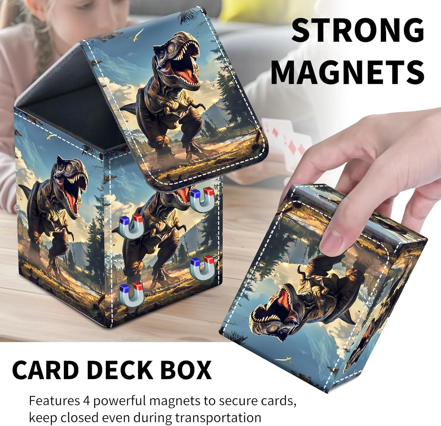 Card Deck Box for MTG Trading Cards, Magic Card Box Can Hold 110  Single Sleeved Cards, Waterproof PU Leather Material, Strong Magnetic Buckle Card Set Box Suitable for TCG CCG, Dinosaur