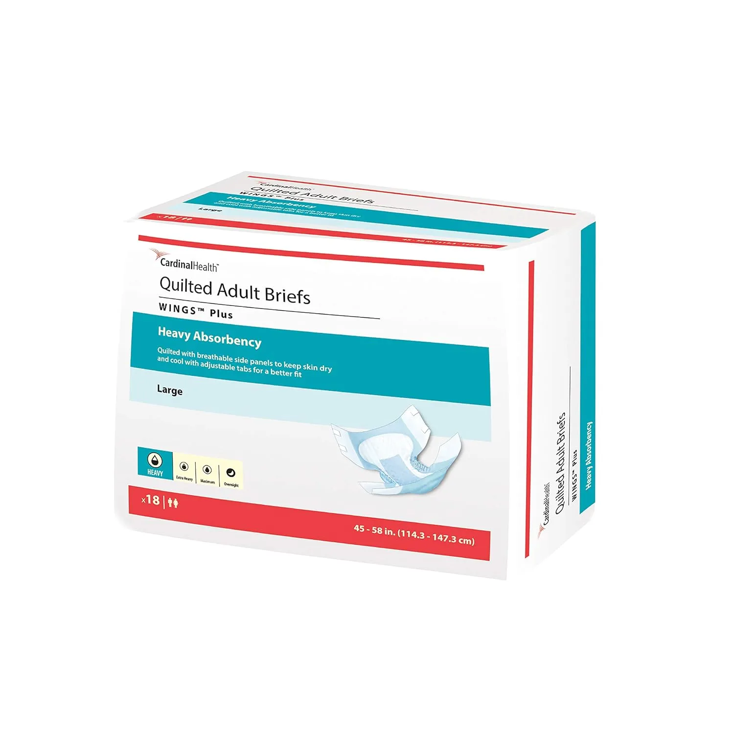 Cardinal Health 66034 Quilted Adult Briefs, Wings Plus, Heavy Absorbency, Large, Case of 4 Bags of 18