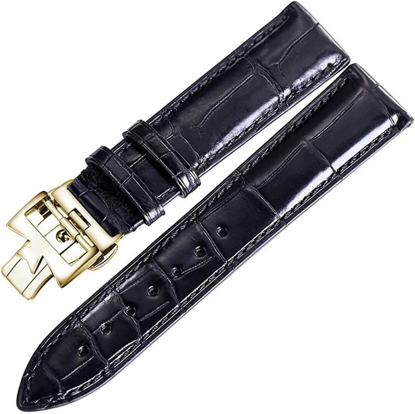 CAREG Crocodile Leather Strap Male Is Suitable Fit For Vacheron Constantin Leather Style Butterfly Button VC Maple Leaf Durable (Color : Black with gold, Size : 19mm)
