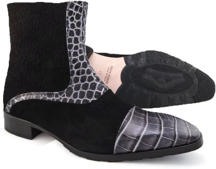 Carlo Ventura 2832 Men's Ankle High Boot In Suede And Crocodile Print Leather Combo