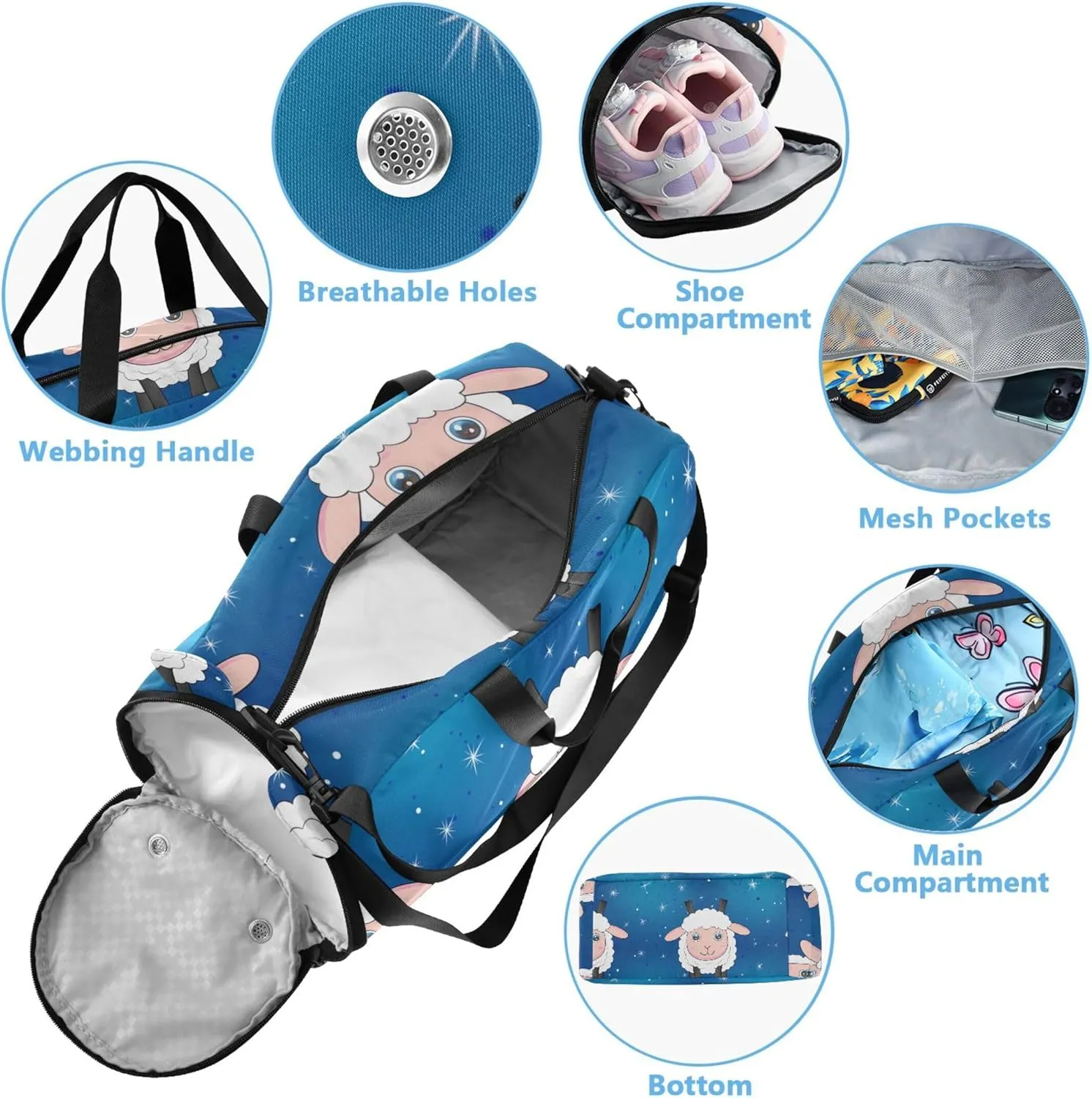 Carry on Duffel Bag Boy Cute Sheep Stars Blue Overnight Bags Toddler Girls Duffle Bags Travel Tote Sports Duffle Bag