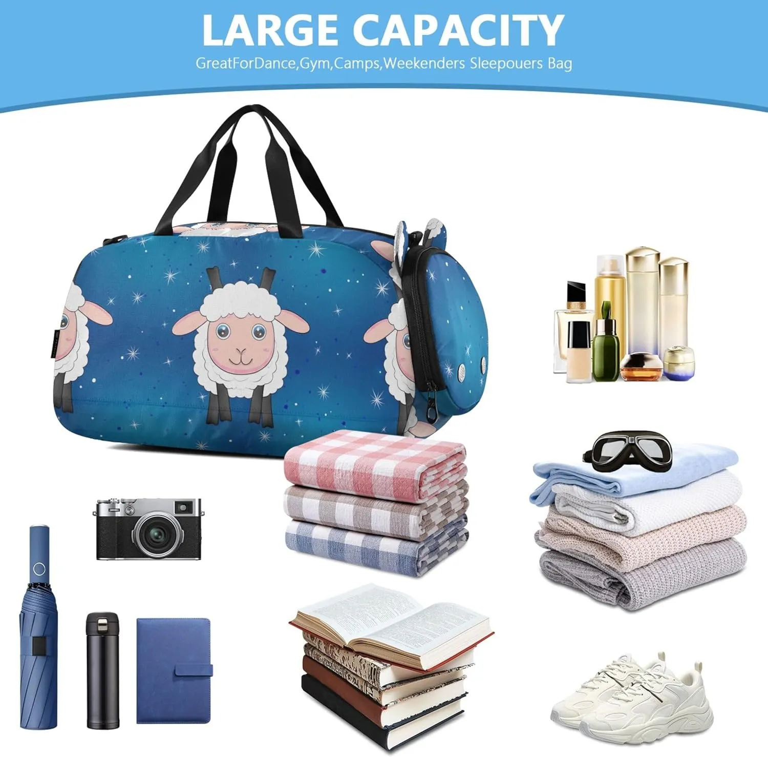 Carry on Duffel Bag Boy Cute Sheep Stars Blue Overnight Bags Toddler Girls Duffle Bags Travel Tote Sports Duffle Bag