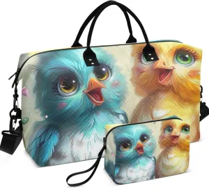Cartoon Chickens Eggs Animal Travel Duffel Bags Cosmetic Bag Set of 2, Print Women Luggage Bags Weekend Bag Duffel