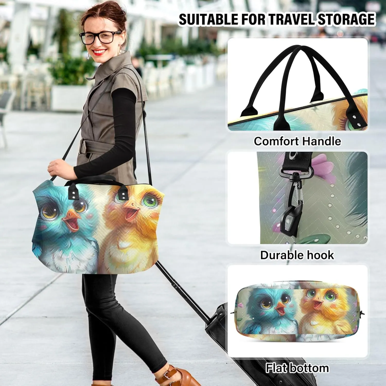 Cartoon Chickens Eggs Animal Travel Duffel Bags Cosmetic Bag Set of 2, Print Women Luggage Bags Weekend Bag Duffel