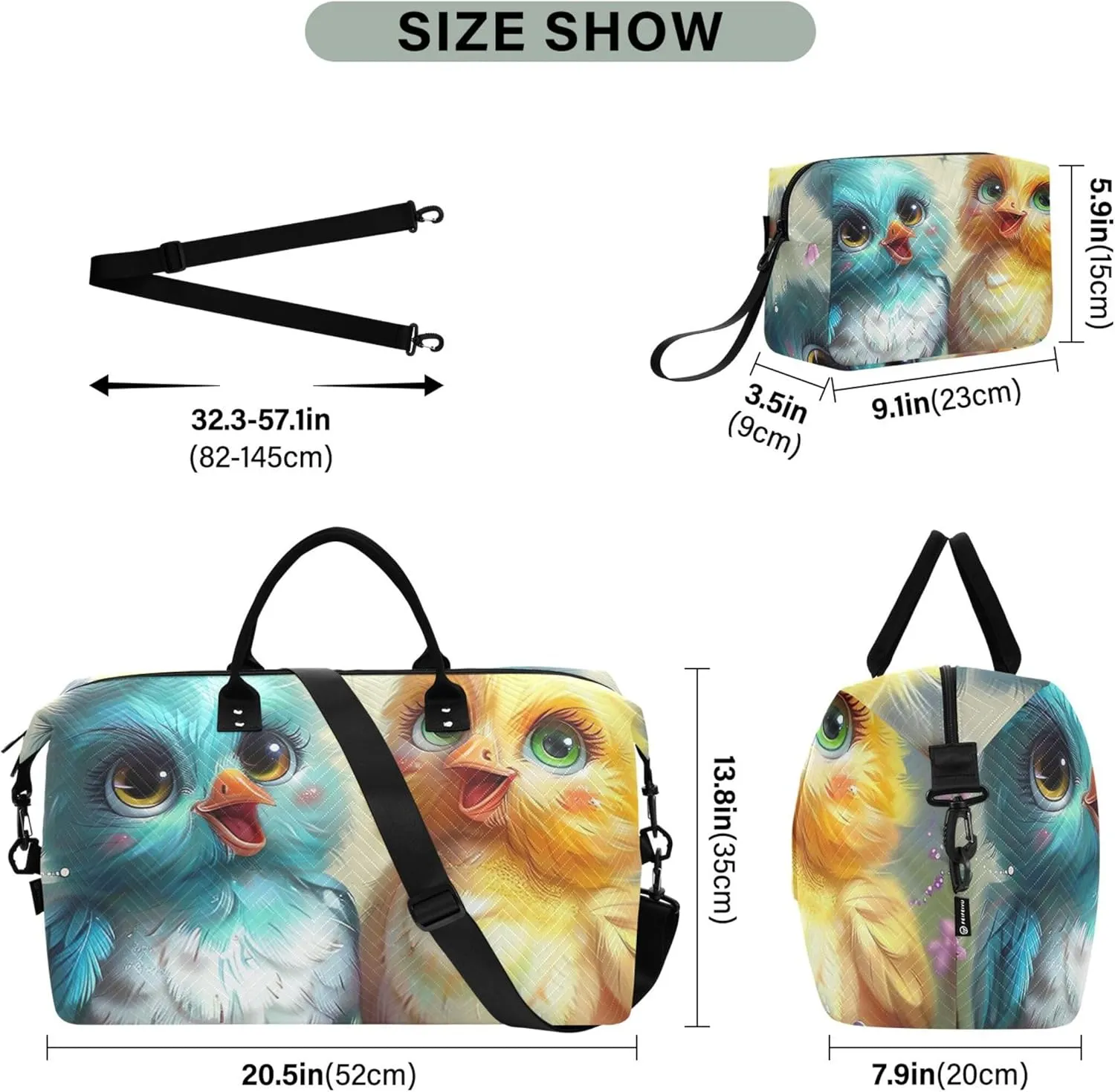 Cartoon Chickens Eggs Animal Travel Duffel Bags Cosmetic Bag Set of 2, Print Women Luggage Bags Weekend Bag Duffel