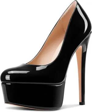 Castamere Womens Stiletto High Platform Heel Round Toe Pumps Slip-on Party Dress Patent Leather 5.9 Inches Heels