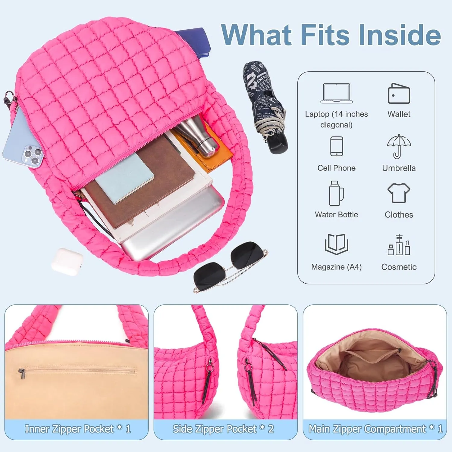 CATMICOO Puffer Tote Bag for Women: Carryall Puff Shoulder Bag for Travel - Lightweight Quilted Bag for Gym