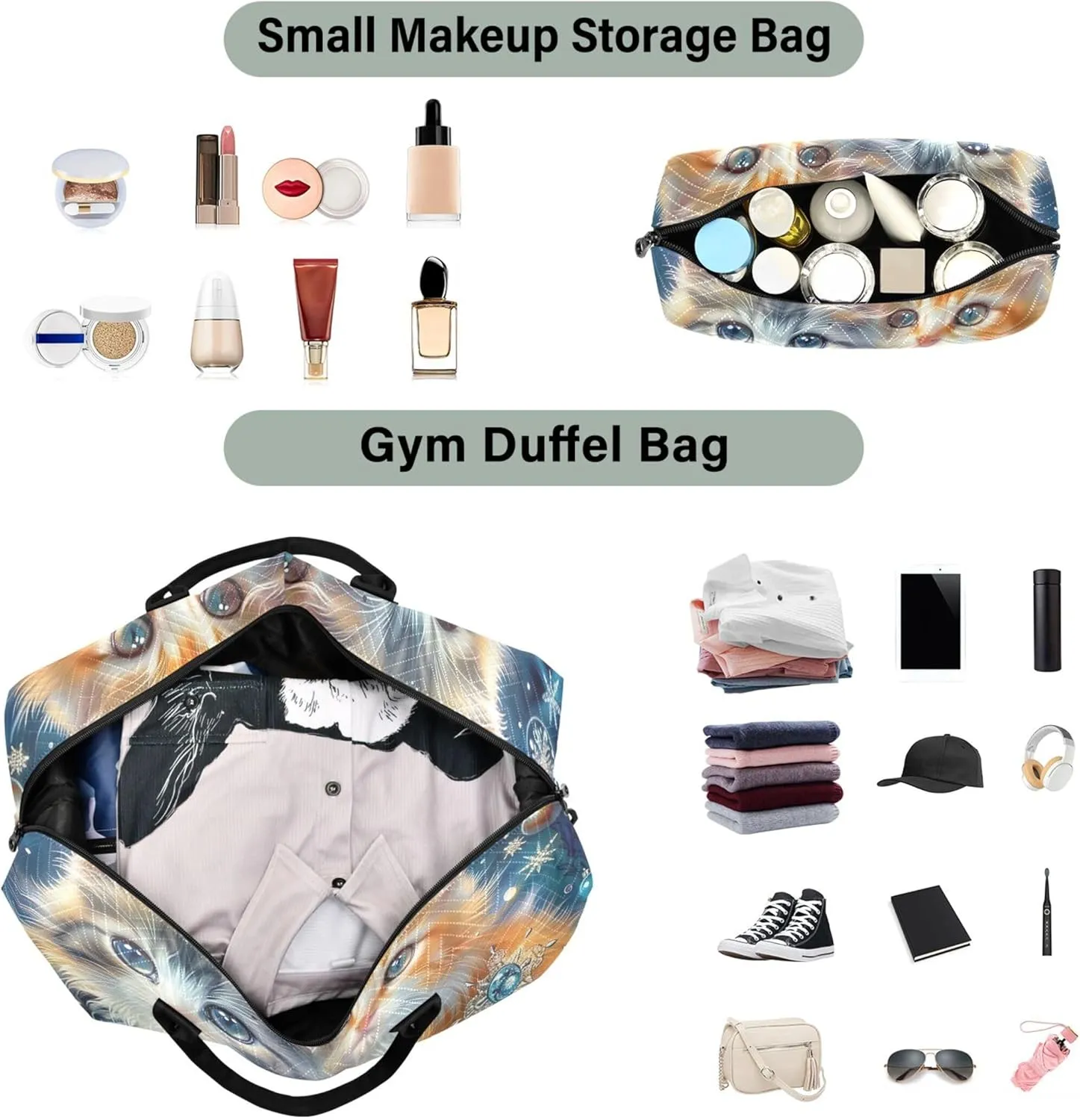 Cats Cute Kittens Travel Duffle Bags Cosmetic Bags Set of 2, Art Gym Duffle Bag Carry on Duffle