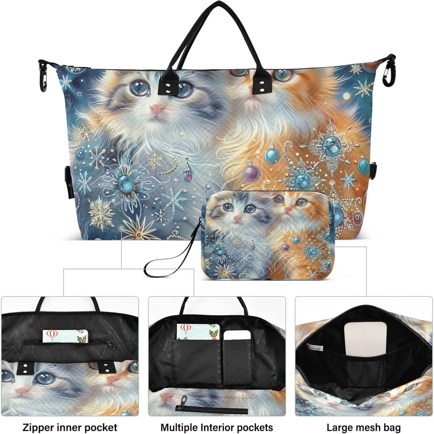 Cats Cute Kittens Travel Duffle Bags Cosmetic Bags Set of 2, Art Gym Duffle Bag Carry on Duffle