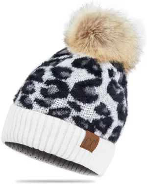 C.C Exclusives Soft Beanie hat with Leopard Pattern and Fur Pom(HAT-7001)(SF-7001)