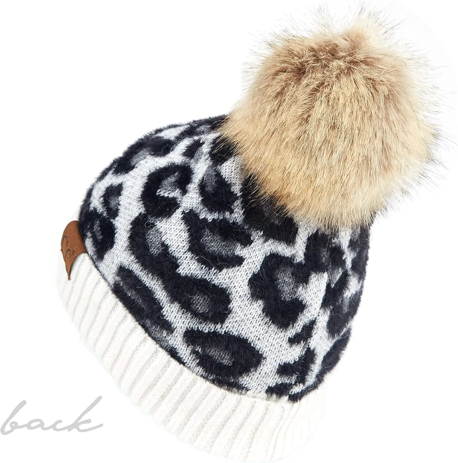 C.C Exclusives Soft Beanie hat with Leopard Pattern and Fur Pom(HAT-7001)(SF-7001)