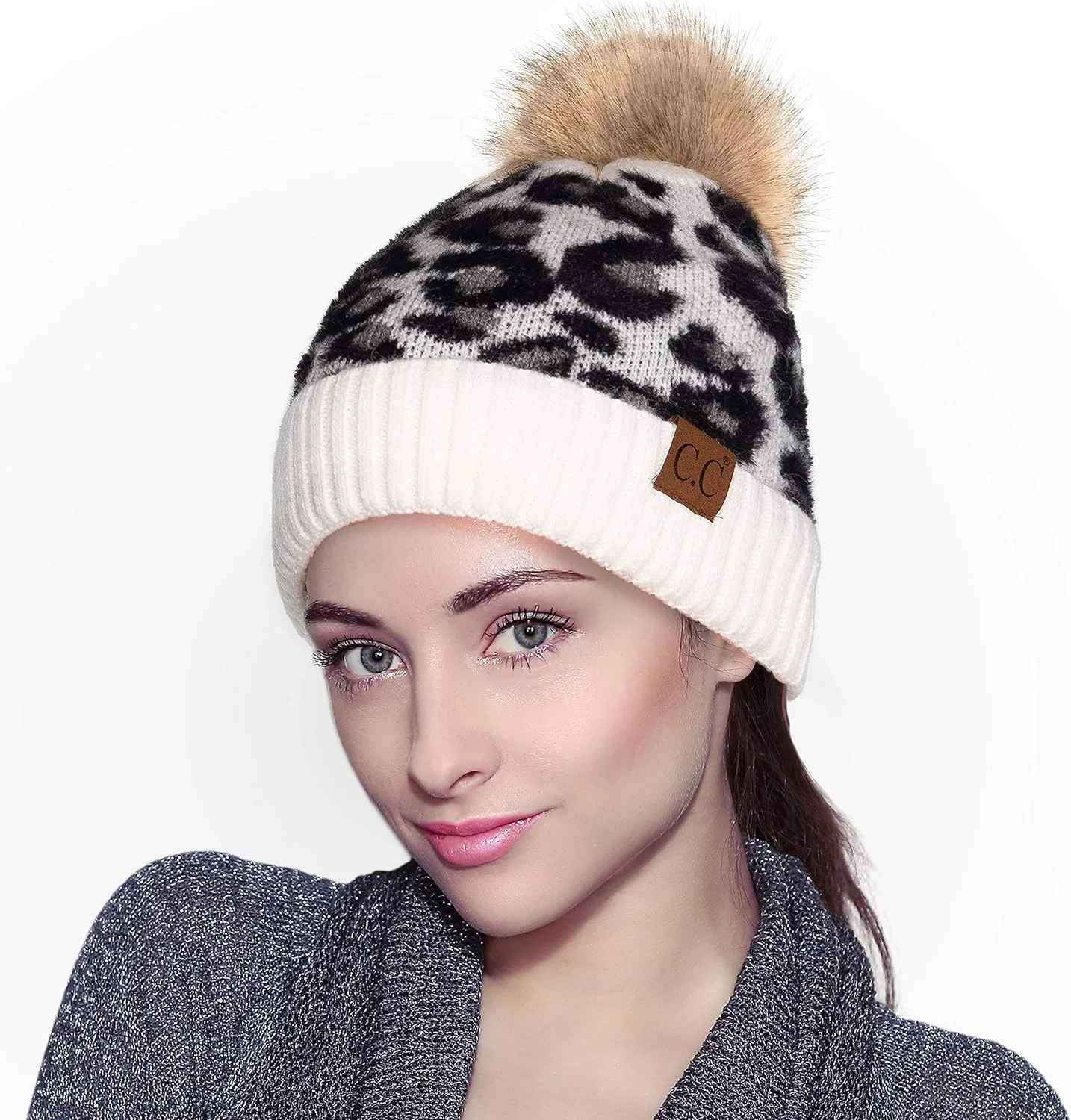 C.C Exclusives Soft Beanie hat with Leopard Pattern and Fur Pom(HAT-7001)(SF-7001)