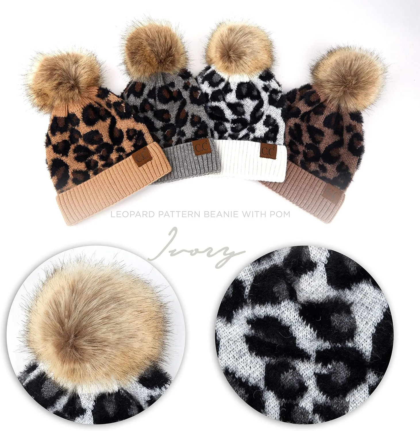 C.C Exclusives Soft Beanie hat with Leopard Pattern and Fur Pom(HAT-7001)(SF-7001)