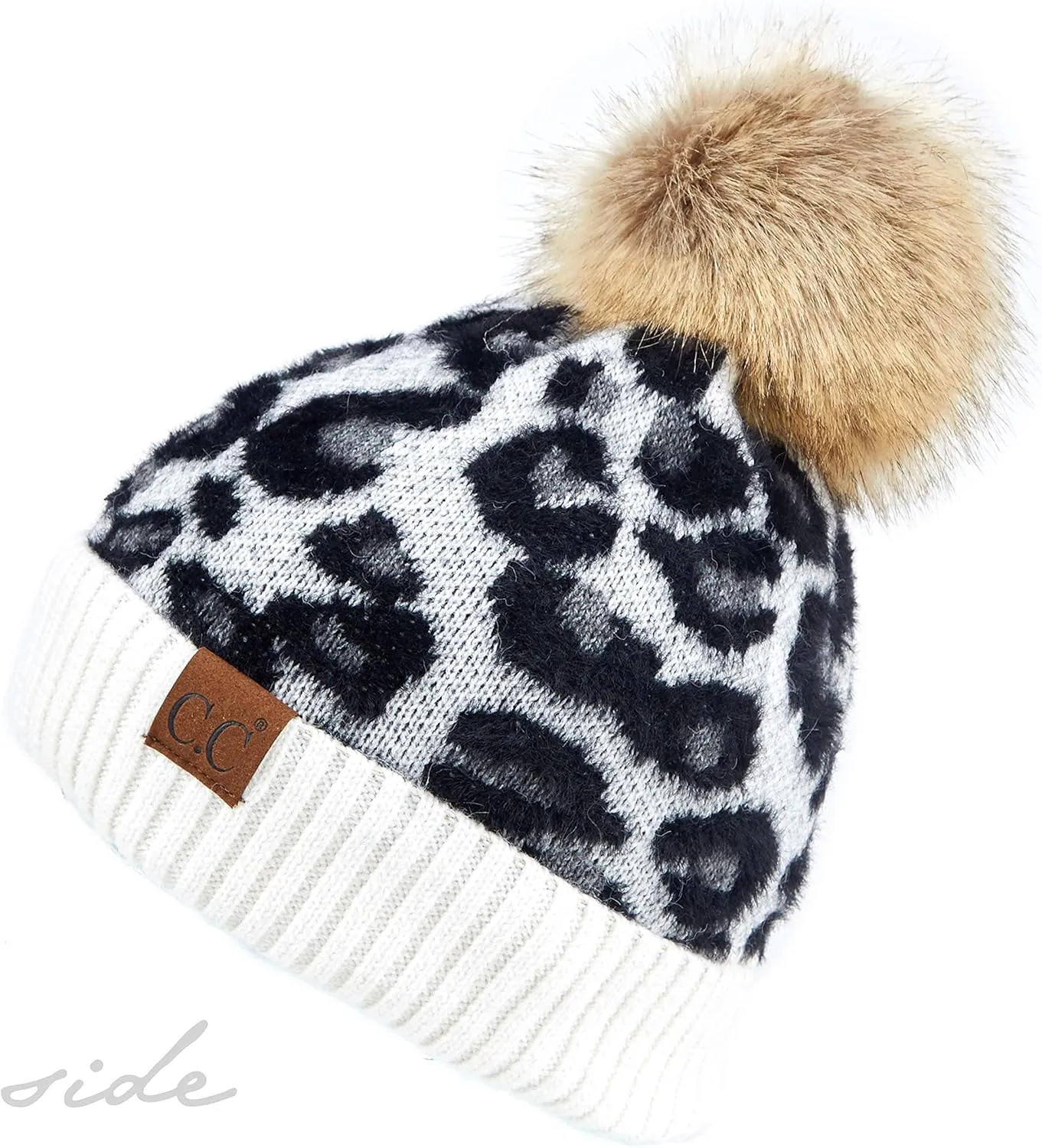C.C Exclusives Soft Beanie hat with Leopard Pattern and Fur Pom(HAT-7001)(SF-7001)
