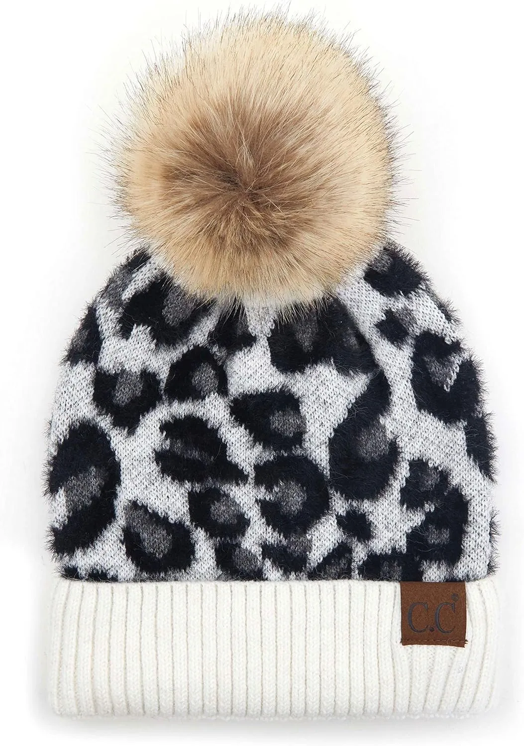 C.C Exclusives Soft Beanie hat with Leopard Pattern and Fur Pom(HAT-7001)(SF-7001)